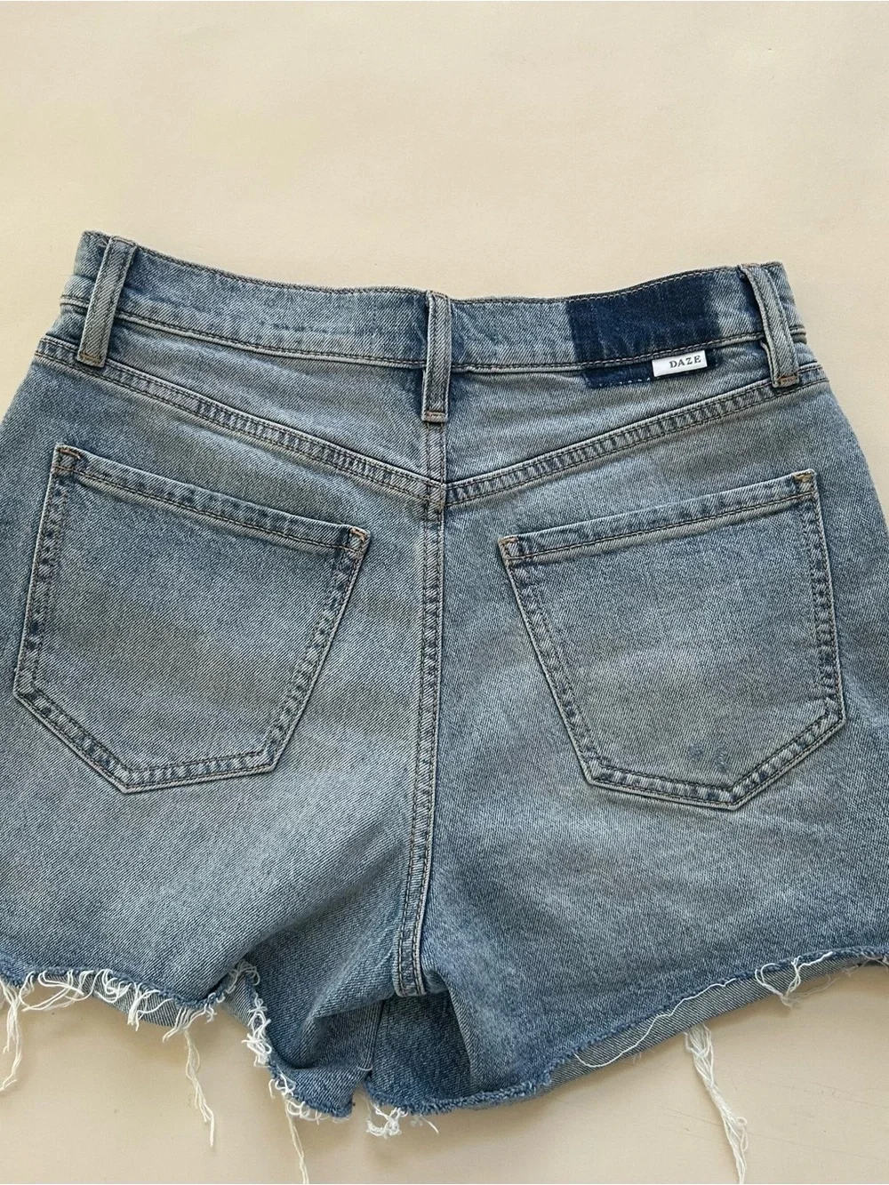 DAZE High-Rise Distressed Denim Shorts - Light Blue